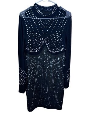 Femme Fatale Black Long-Sleeve Studded Sheer-Panel Bodycon Dress | Size 1XL